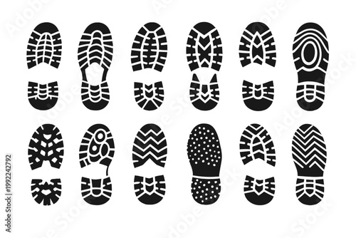 Set of twelve diverse shoe sole prints and boot footprint silhouettes featuring various tread patterns for sneakers, hiking boots, and work shoes. Flat vector illustration for design projects.