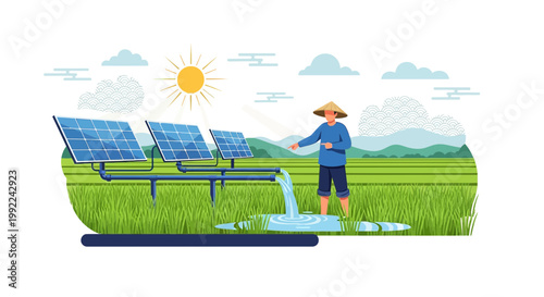 Farmer utilizing solar power irrigation in lush green rice field for sustainable agriculture