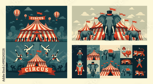 Vintage circus poster collection with big top tents, elephants, tigers, and performers