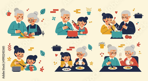 Grandparents and grandchildren cooking and eating together, sharing happy family moments.