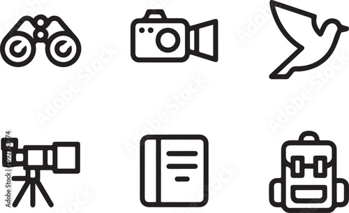 Bird watching wildlife photography black line icon set, flat vector illustration