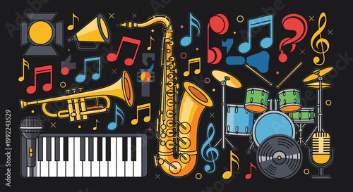Musical Instruments and Notes Colorful Collage.