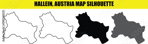 Hallein austria map silhouette set containing minimalist outline solid black fill and decorative dot matrix style.