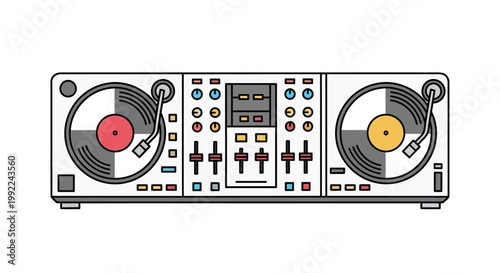DJ mixer with turntables and controls.