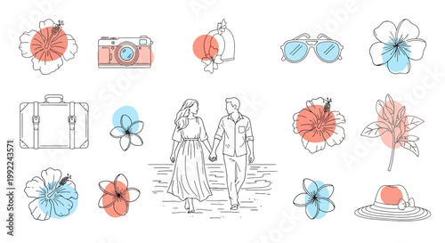 Hand-drawn travel and summer vacation elements with a couple walking, flowers, and accessories.