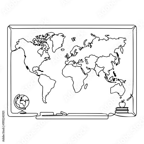 Continuous line drawing of a world map on a blackboard. Minimalist single line art with globe and books. Education and World Teachers' Day vector concept isolated on white background