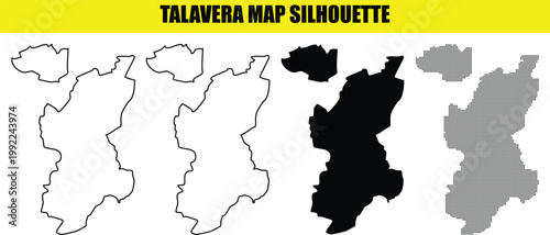 Talavera map silhouette set with various graphic styles including outline solid black and dot matrix on background.