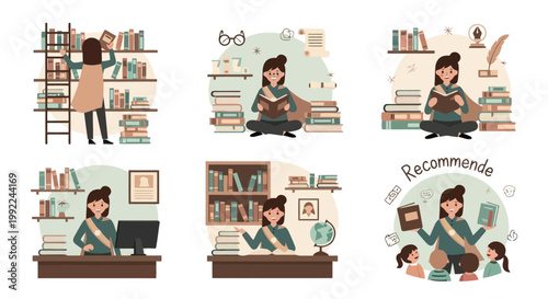 Librarian at Work - A Collection of Illustrations Depicting Various Library Activities and Roles.
