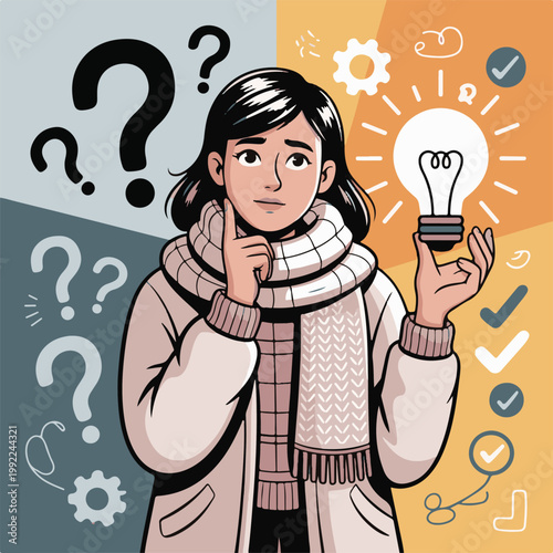 Young Woman Thinking and Finding Solution Concept Illustration with Lightbulb and Question Marks