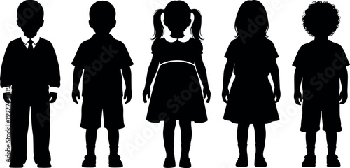 Set of black vector silhouettes featuring five young school children standing together including boys and girls in casual daily clothes