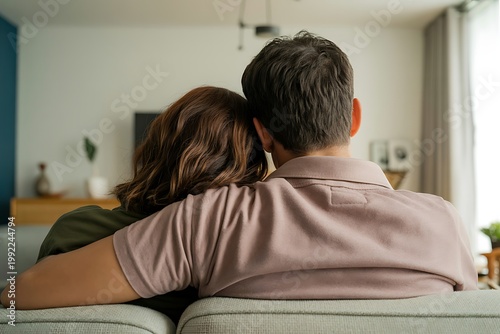 Loving partners enjoy a quiet evening at home sitting comfortably on sofa
