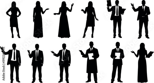 Collection of professional business people silhouettes featuring men and women in suits presenting and holding documents for corporate design projects.