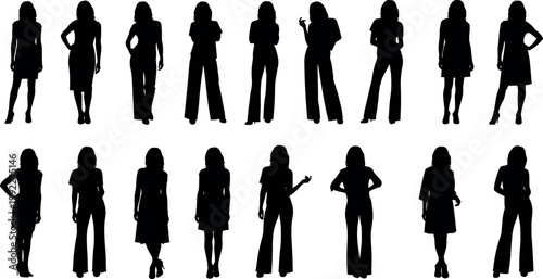 Set of diverse female vector silhouettes showcasing various standing poses and fashionable clothing styles isolated on a pure white background.