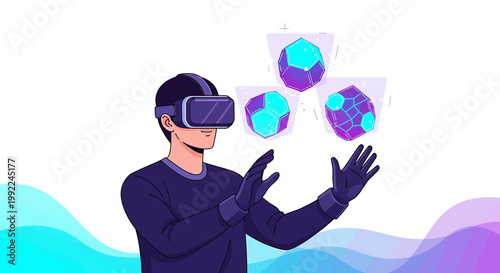 Exploring immersive realities: Man engaging with virtual objects through vr headset and gloves