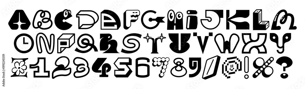 Fototapeta premium Quirky decorative alphabet with unique characters, numbers and symbols in bold black-and-white style. Each letter features playful details. Perfect for branding, posters and typography projects.