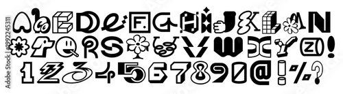 Quirky decorative alphabet with unique characters, numbers and symbols in bold black-and-white style. Each letter features playful details. Perfect for branding, posters and typography projects.