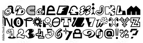 Quirky decorative alphabet with unique characters, numbers and symbols in bold black-and-white style. Each letter features playful details. Perfect for branding, posters and typography projects.