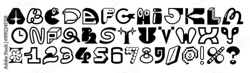 Quirky decorative alphabet with unique characters, numbers and symbols in bold black-and-white style. Each letter features playful details. Perfect for branding, posters and typography projects.