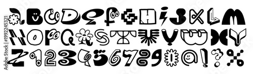 Quirky decorative alphabet with unique characters, numbers and symbols in bold black-and-white style. Each letter features playful details. Perfect for branding, posters and typography projects.