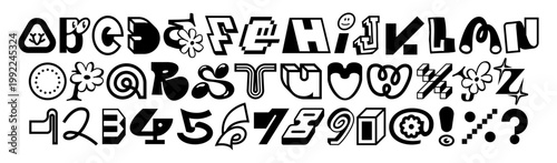 Quirky decorative alphabet with unique characters, numbers and symbols in bold black-and-white style. Each letter features playful details. Perfect for branding, posters and typography projects.