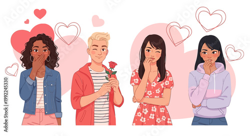 Expressions of affection illustrated with diverse characters amidst romantic hearts and gestures