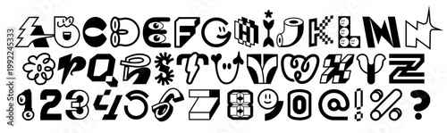 Quirky decorative alphabet with unique characters, numbers and symbols in bold black-and-white style. Each letter features playful details. Perfect for branding, posters and typography projects.