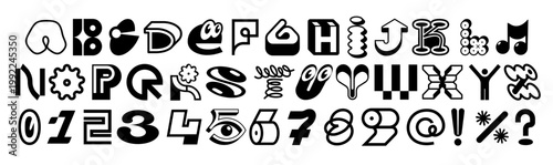 Quirky decorative alphabet with unique characters, numbers and symbols in bold black-and-white style. Each letter features playful details. Perfect for branding, posters and typography projects.