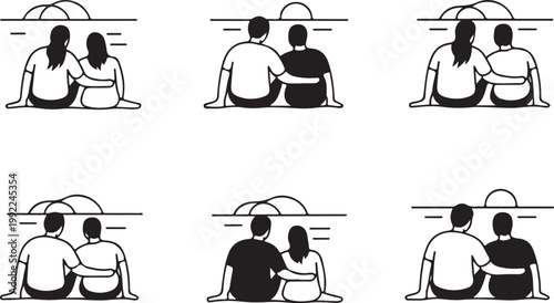 Couple watching sunset at beach black line icon, flat filled vector illustration