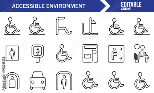 Clean line accessible environment icon set for apps and projects