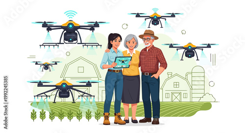 Family embrace precision agriculture with drone technology on their farm for future  innovation