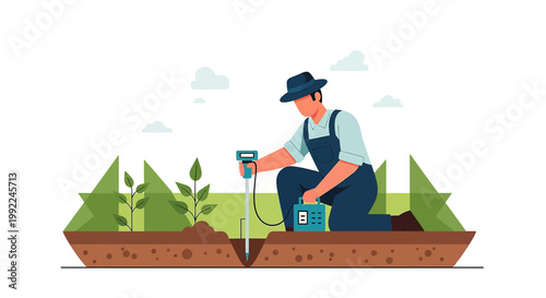 Farmer analyzing soil conditions using advanced technology for optimal crop growth