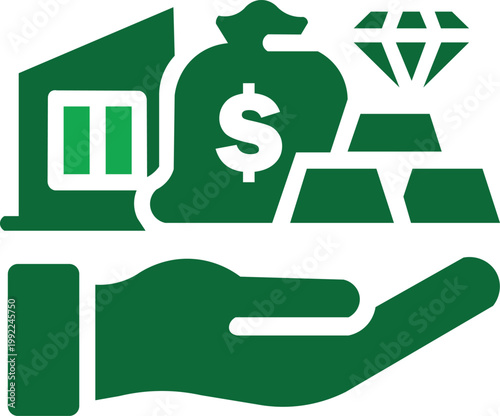 Financial Investment Protection Icon | Savings Security Concept with Money Bag, Gold Bars & Hand Support | Banking, Wealth Management, Asset Protection Vector