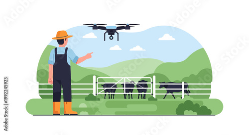 Farmer managing livestock with drone technology enhances agricultural efficiency and farm