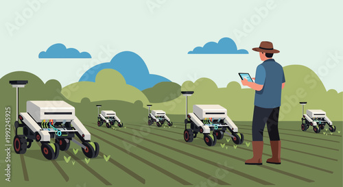 Farmer monitoring automated agriculture process with robots on farm efficiently and effectively