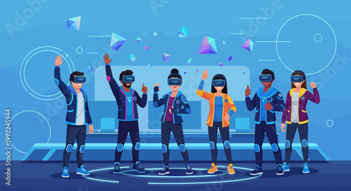 Enthusiastic diverse team explores immersive virtual reality experience together on futuristic