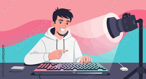 Enthusiastic gamer live streaming with professional camera setup and engaging presentation at desk