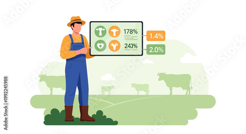 Farmer presenting agriculture data insights using modern technology and cows grazing in the