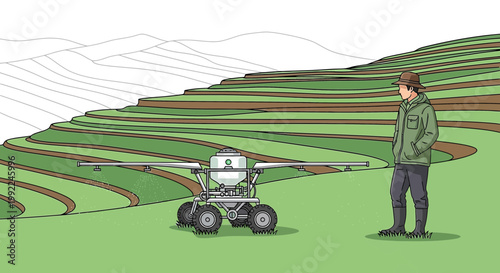 Farmer overseeing precision agricultural drone on terraced farmland hills landscape for crop