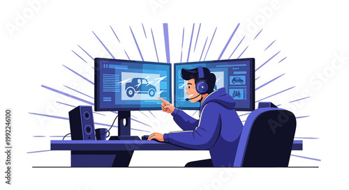 Enthusiastic vehicle designer crafting innovative off-road vehicle prototypes on dual monitors