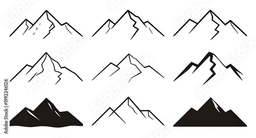 mountain, silhouette, black, white, peak, range, nature, landscape, outdoor, alpine, hill, summit, icon, logo, adventure, design, element