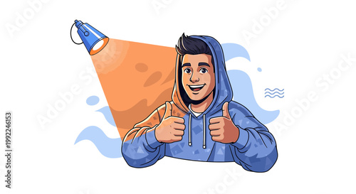 Enthusiastic young man giving thumbs up under the spotlight in a vibrant cartoon style