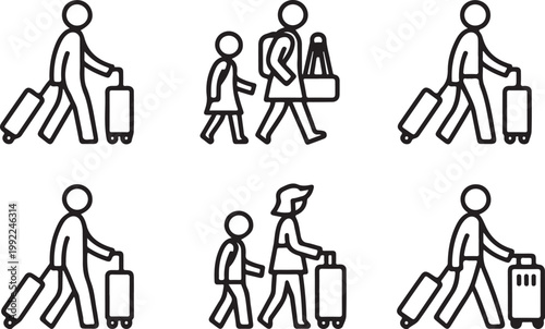 Family walking with suitcase black line vector icon set. Travel airport luggage icon in flat outline stroke line art