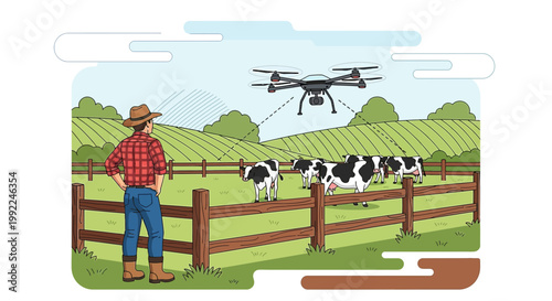 Farmer using a drone to monitor cows on a picturesque farm landscape with rolling green hills and