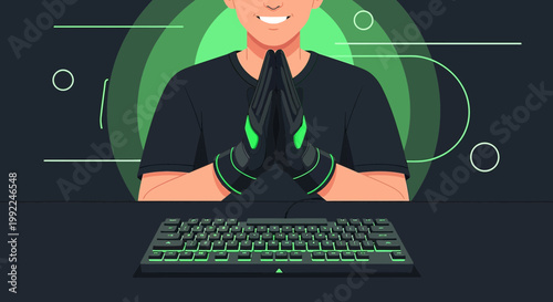 Esports player in focus, hands poised over keyboard in anticipation of victorious play