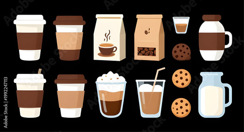 coffee drinks, hot coffee, cold coffee, espresso cup, latte art, cappuccino foam, iced coffee, coffee beans, milk pitcher, cafe menu, barista set, coffee collection, beverage illustration, cafe drinks