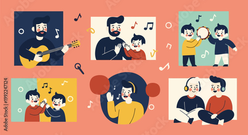 People enjoying music activities together, including playing instruments, singing, and listening.