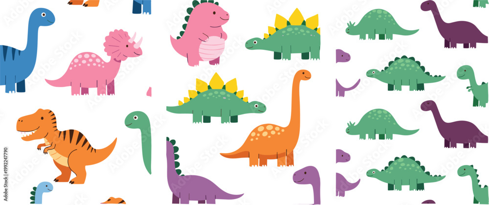 Fototapeta premium Colorful Cute Flat Design Dinosaur Character Collection Set with T-Rex, Stegosaurus, and Brontosaurus for Kids and Nursery Designs
