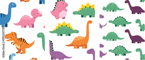 Colorful Cute Flat Design Dinosaur Character Collection Set with T-Rex, Stegosaurus, and Brontosaurus for Kids and Nursery Designs