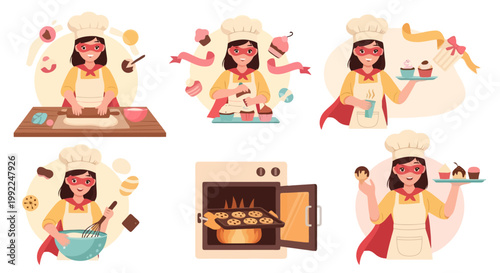 Super Baker Woman in Various Stages of Baking Delicious Pastries and Desserts.
