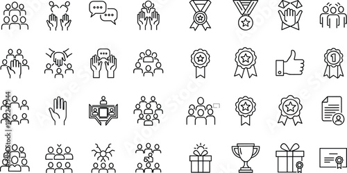 Minimal teamwork communication and achievement line icon set featuring people group award badge trophy symbols for modern interface design